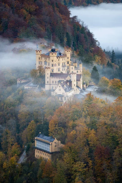 霍亨施万高城堡的空中垂直景观 山上有秋天的树木和薄雾 — 图库照片