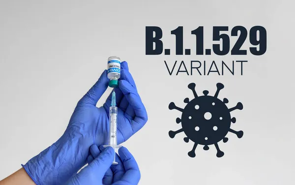 Medical Worker Blue Gloves Holding Syringe Coronavirus Vaccine Vial Front — Stock Photo, Image
