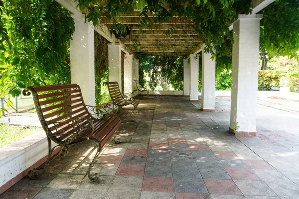 Wooden Benches Garden Stone Cover — 图库照片