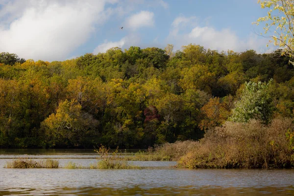 Красивый Пейзаж Озера Окружении Деревьев Красочными Осенними Листьями — стоковое фото