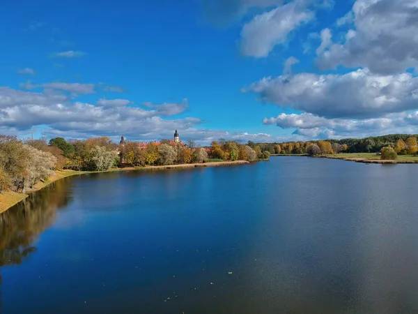 Vue Aérienne Château Nesvizh Des Lacs Qui Entourent Biélorussie — Photo