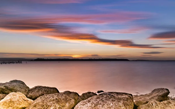 Landscape Poole Harbour Surrounded Water Long Exposure Sunset — Stock Photo, Image