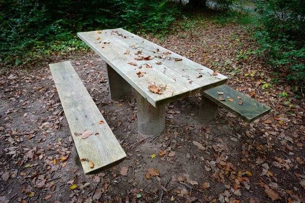 Stary Drewniany Stół Ławki Jesiennym Lesie — Zdjęcie stockowe