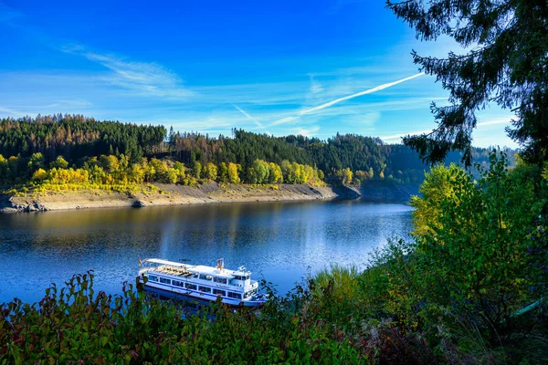 Motorboat Okertalsperre Dam Altenau Harz Mountains Goslar District Germany — ストック写真