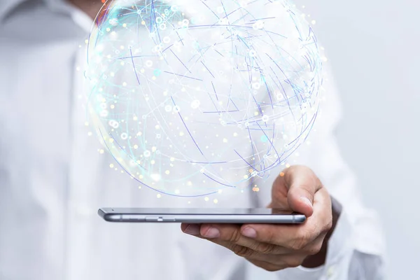 Rendering Global Connectivity Digital Data Hologram Businessman Tablet — Stock Photo, Image