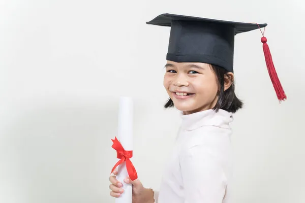 Happy Thai Kid Graduation Hat Diploma Isolated White Background — Stock Photo, Image
