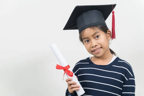 Happy Thai Kid Graduation Hat Diploma Isolated White Background — Stock Photo, Image