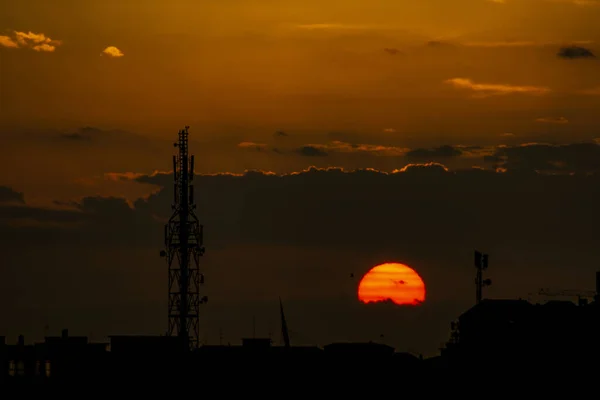 Una Vista Panorámica Torre Eléctrica Atardecer — Foto de Stock