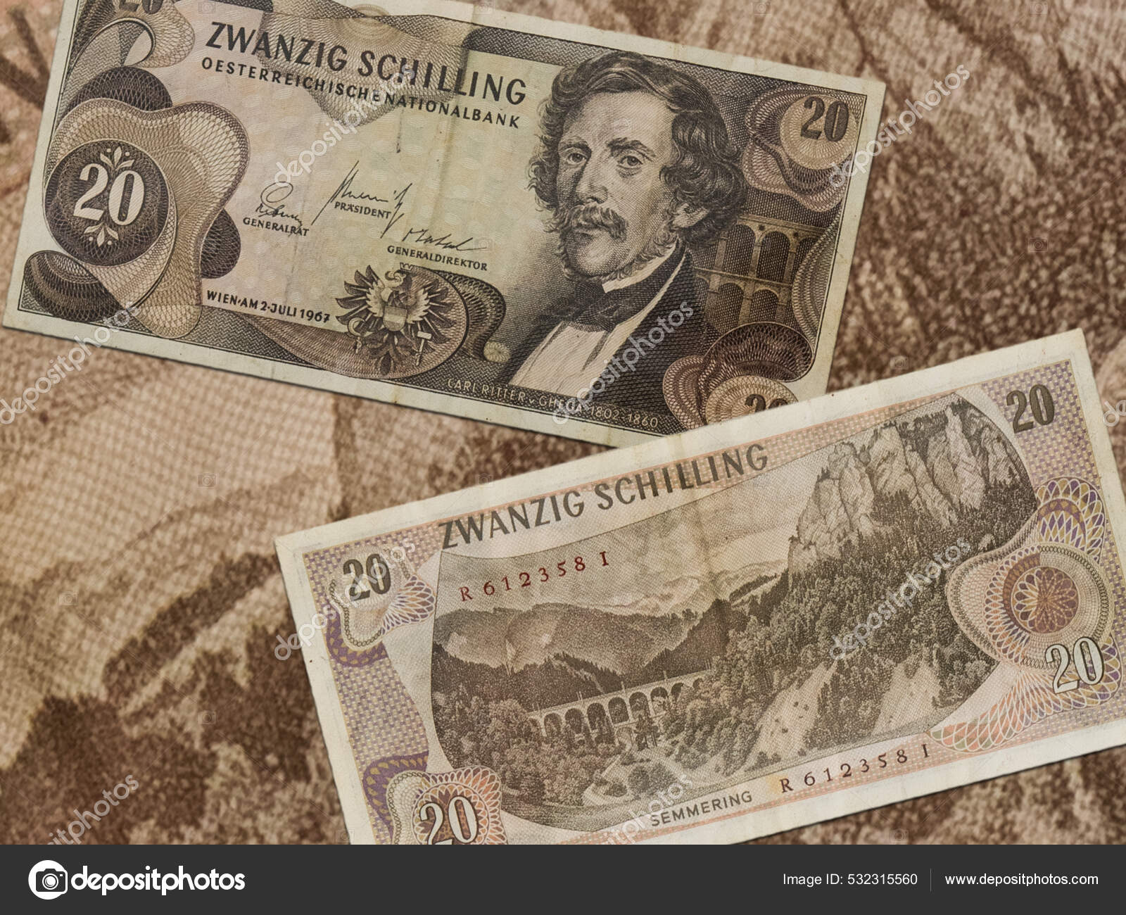 奥地利先令钞票二十先令桌布上的现金纸币——图库图片© Wirestock #532315560