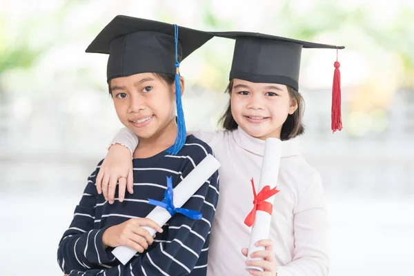 Graduation Concept Two Happy Southeast Asian Friends Schoolgirls Certificates Thailand — Stock Photo, Image