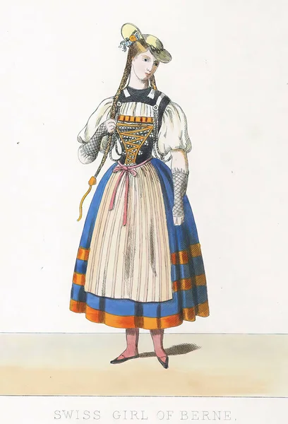 白を基調にしたヴィンテージの衣装を着た19世紀の女性のスケッチ — ストック写真