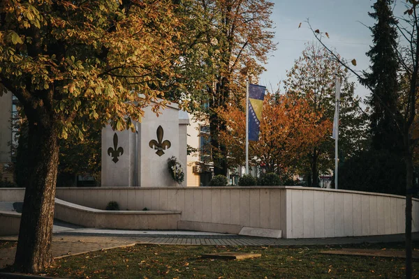 Ciepły Jesienny Dzień Parku Bujną Zielenią Dookoła — Zdjęcie stockowe