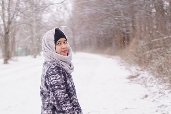 Young Southeast Asian Muslim Girl Posing Park Winter Season — 스톡 사진