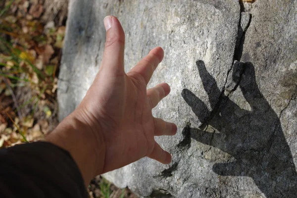 Mano Uomo Adulto Aria Uno Sfondo Roccia — Foto Stock