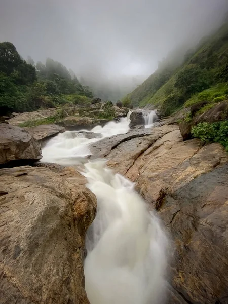 Eine Vertikale Aufnahme Eines Flussbaches Der Natur Unter Nebligem Himmel — Stockfoto