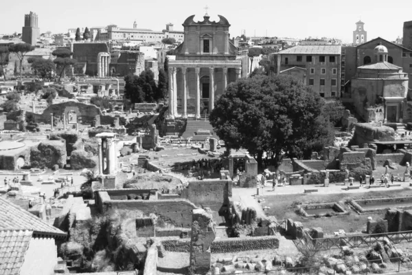 Egy Szürkeárnyalatos Felvétel Ókori Római Fórum Romjairól Egy Napsütéses Napon — Stock Fotó