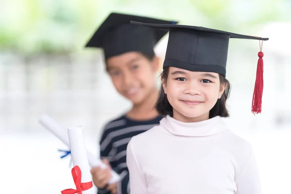 Graduation Concept Two Happy Southeast Asian Schoolgirls Certificates Thailand — Stock Photo, Image