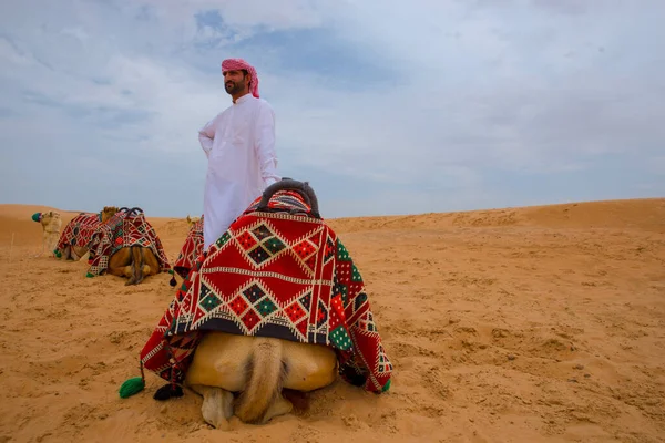 Dubai Emirados Arab Unidos Outubro 2021 Jovem Árabe Perto Camelo — Fotografia de Stock