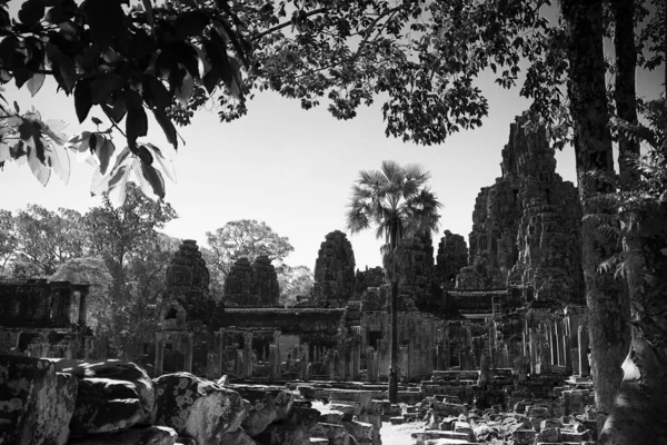 Uma Foto Tons Cinza Angkor Thom Camboja Com Vegetação Exuberante — Fotografia de Stock