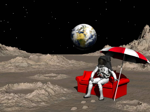 Ztvárnění Astronauta Červeném Gauči Deštníkem Měsíci Zemí Pozadí — Stock fotografie