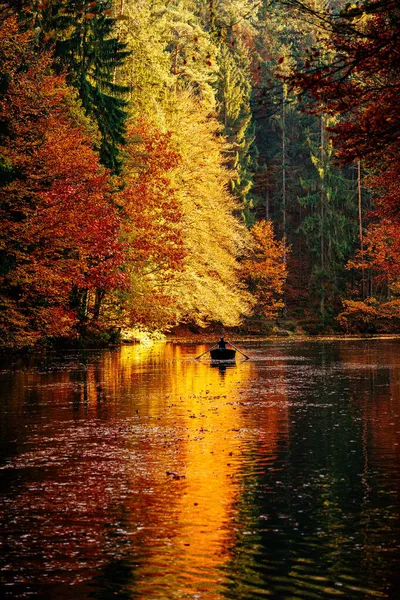 Pionowe Ujęcie Osób Jeżdżących Kajakiem Jeziorze Otoczonym Kolorowymi Drzewami Jesienną — Zdjęcie stockowe