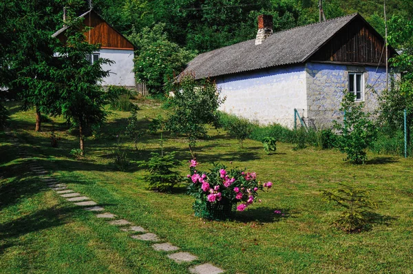 Een Prachtige Tuin Van Een Landelijk Huis Een Zonnige Ochtend — Stockfoto