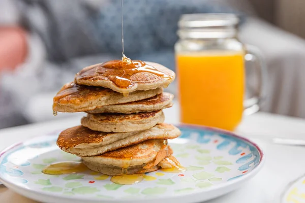 Stack Pancakes Dripping Maple Syrup Glass Fresh Orange Juice — Photo