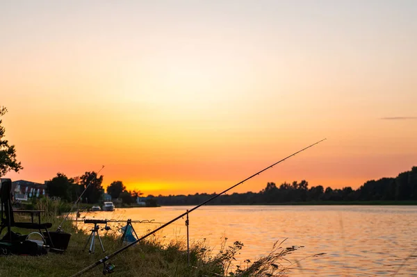 Fishing Rods Bank River Sunset — Foto de Stock