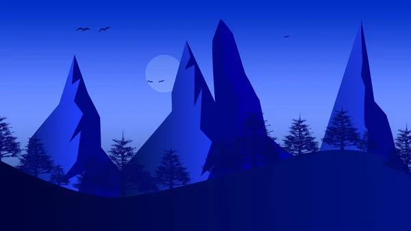 Night Cartoon Landscape Mountains Trees — Stockfoto