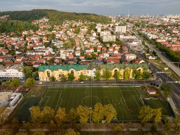 Drone Shot Beautiful City Red Roof Buildings Green Stadium Zagreb — Stockfoto