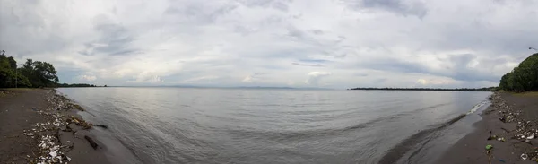 Panoramic View Lake Cloudy Sky Background — Stok Foto