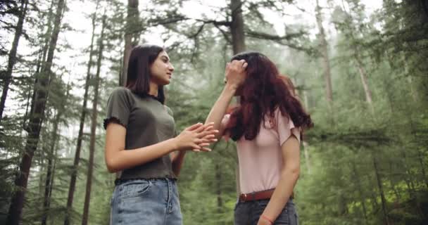 Teman Perempuan Menghabiskan Waktu Bersama Sama Hutan — Stok Video