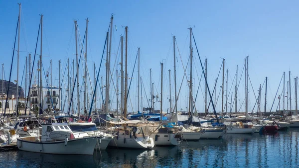Anchored Ships Boats Rows Harbor Blue Sky Sunny Day — Zdjęcie stockowe
