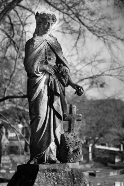 Een Verticaal Grijswaarden Opname Van Een Gravestone Myrtle Hill Cemetery — Stockfoto