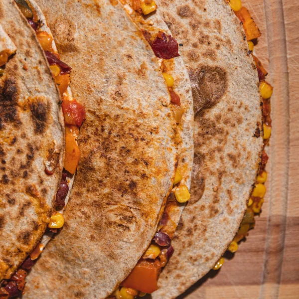 Overhead Shot Appetizing Quesadillas Wooden Board — Foto de Stock