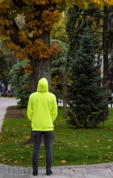 Молодой Человек Неоновой Зеленой Толстовке Парке Осенью Европе — стоковое фото