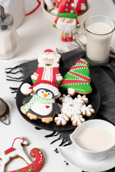 Vertical Shot Christmas Sugar Cookies Black Plate Served Glass Milk — Stockfoto