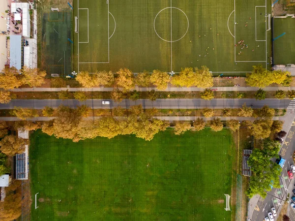 Drone Shot Beautiful City Red Roof Buildings Green Stadium Zagreb — ストック写真