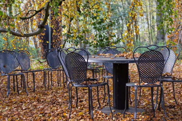 Άδεια Μεταλλικά Τραπέζια Και Καρέκλες Στο Gerisch Park Neumunster Μια — Φωτογραφία Αρχείου
