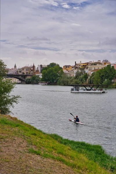 Vertical Shot River Boat Seville Spain — Fotografia de Stock