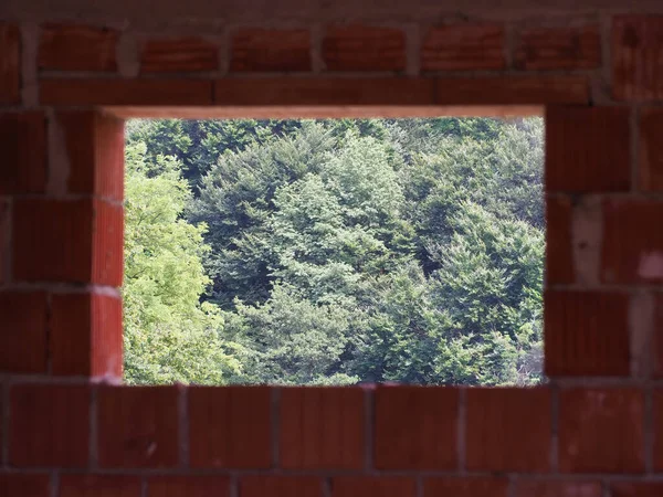 Eine Malerische Aufnahme Von Einem Loch Der Ziegelmauer Und Einem — Stockfoto