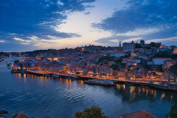 Cityscape Porto Portugal Night City Lights Reflection Water Surface — Stok fotoğraf