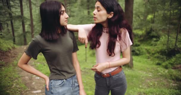 Amigos Sexo Feminino Passar Tempo Juntos Floresta — Vídeo de Stock