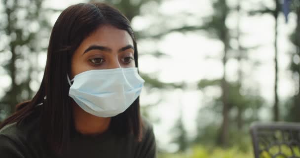 Footage Beautiful Young Woman Protective Mask Closeup Footage — стоковое видео