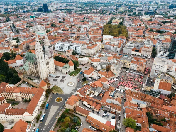Drone Shot Beautiful City Zagreb Croatia Red Roof Buildings — стоковое фото