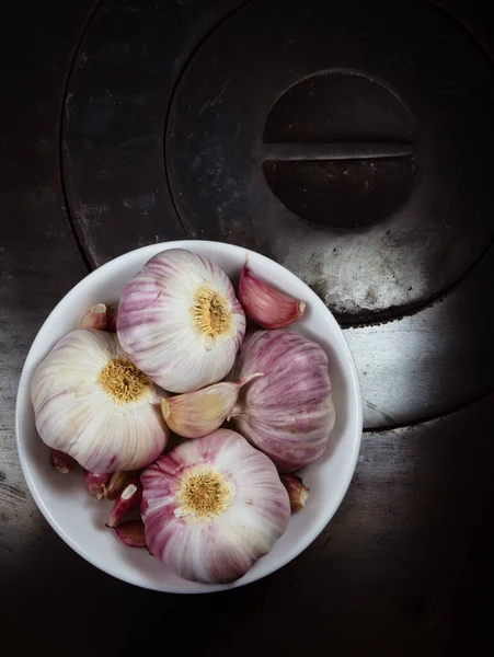 Top View Bowl Garlic Onion — Photo