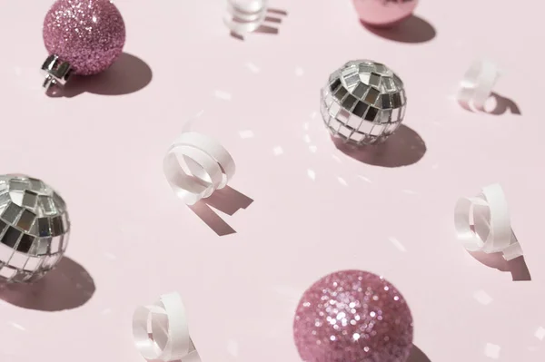 Christmas Composition Fancy Baubles Pink Surface — Stock Photo, Image