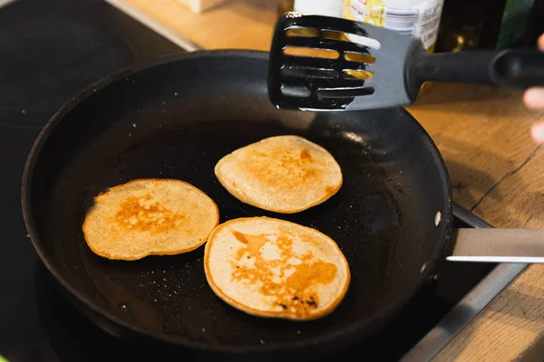 Closeup Homemade Pancakes Cooking Pan — Stock Photo, Image