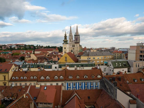 Drone Shot Beautiful City Red Roof Buildings Cathedral Zagreb Croatia — стоковое фото