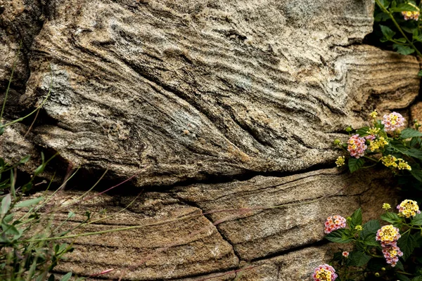 Närbild Vittrad Stenmur Som Visar Antika Tektoniska Mönster — Stockfoto